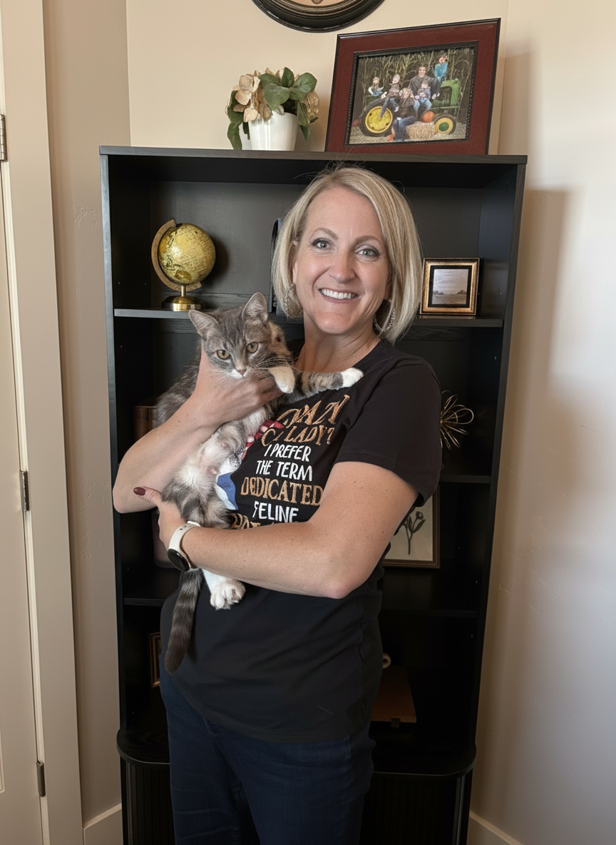 Rachael Homer, independent Medicare broker at Sunshine Insurance, holding her gray kitten